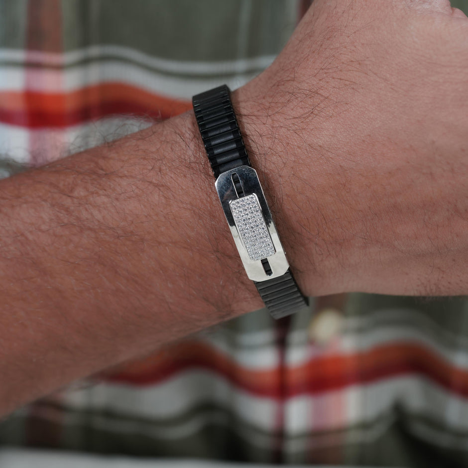 Black Rubber Silver CZ 925 Sterling Silver Bracelet for Men