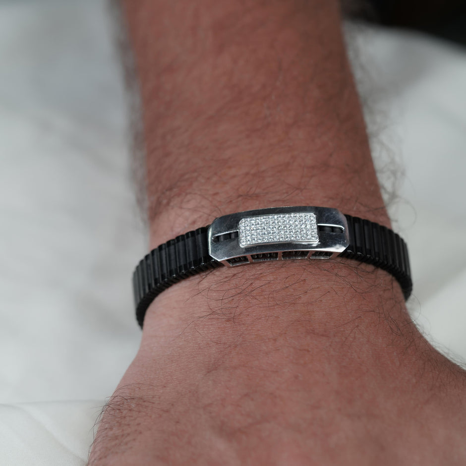 Black Rubber Silver CZ 925 Sterling Silver Bracelet for Men