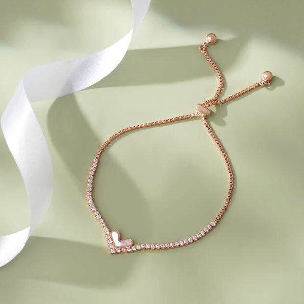 Heart Design White Stone 925 Sterling Silver Rose Gold Adjustable Bracelet for Women