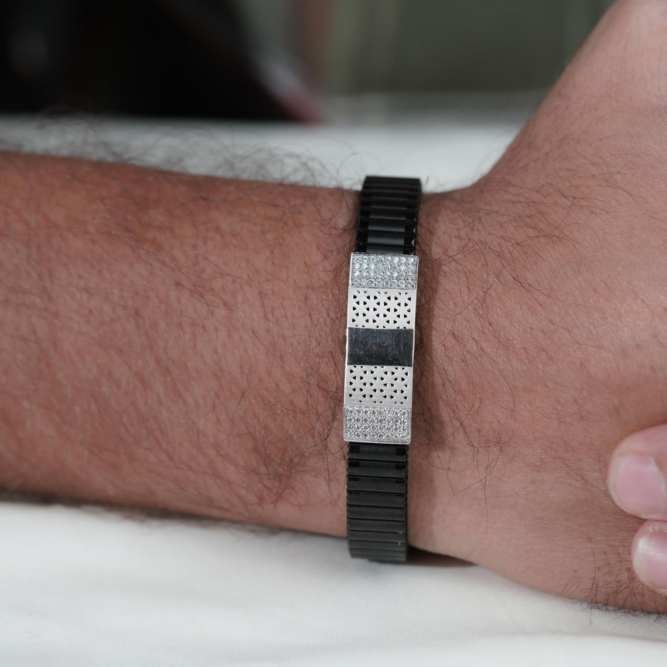 Black Rubber CZ 925 Sterling Silver Bracelet for Men