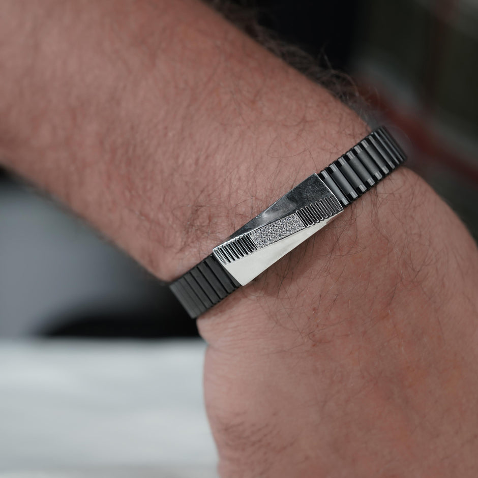 Black Rubber Curved Silver CZ 925 Sterling Silver Bracelet for Men