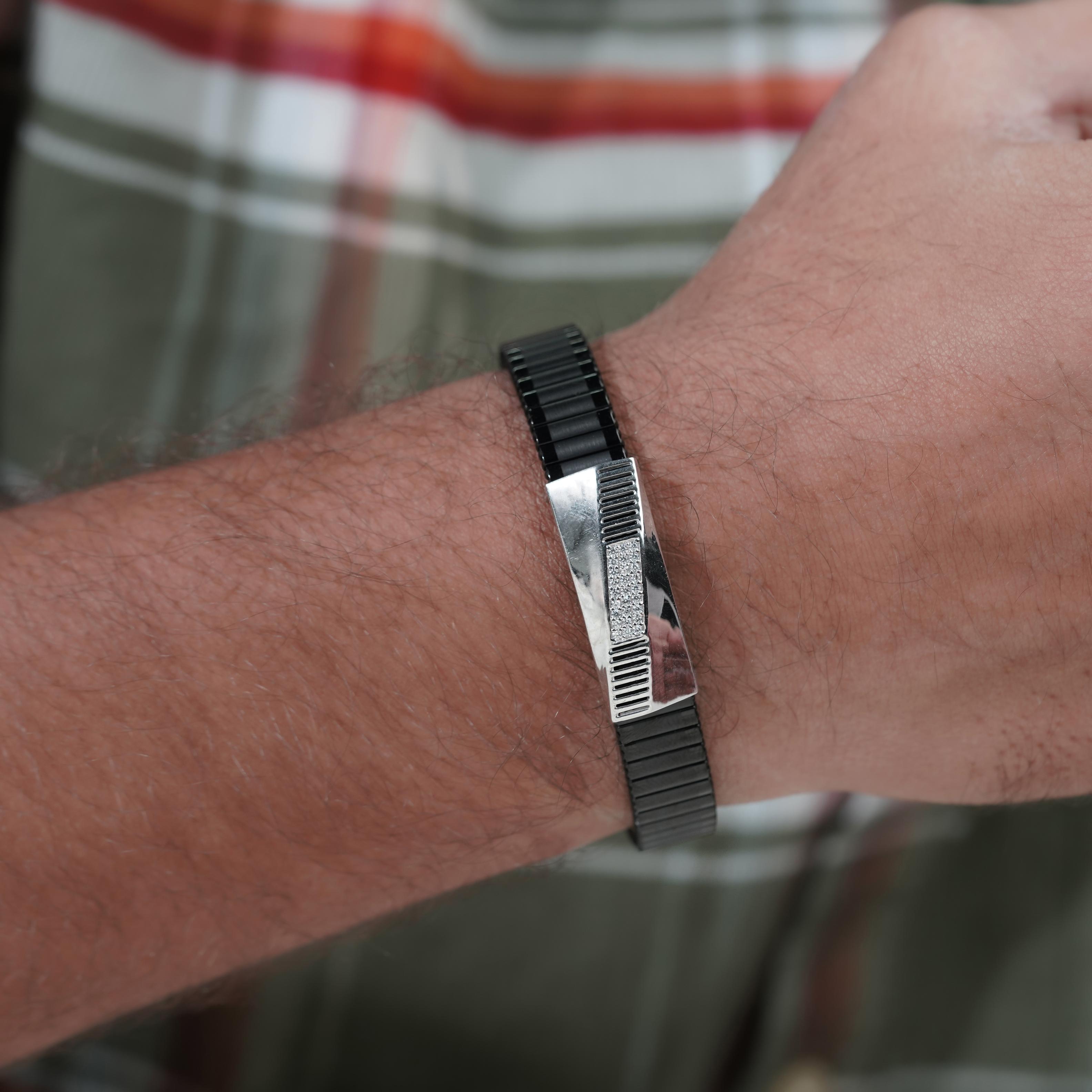Black Rubber Curved Silver CZ 925 Sterling Silver Bracelet for Men