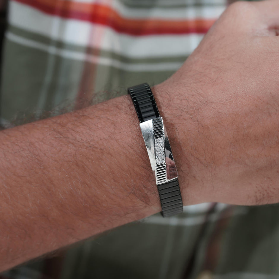 Black Rubber Curved Silver CZ 925 Sterling Silver Bracelet for Men