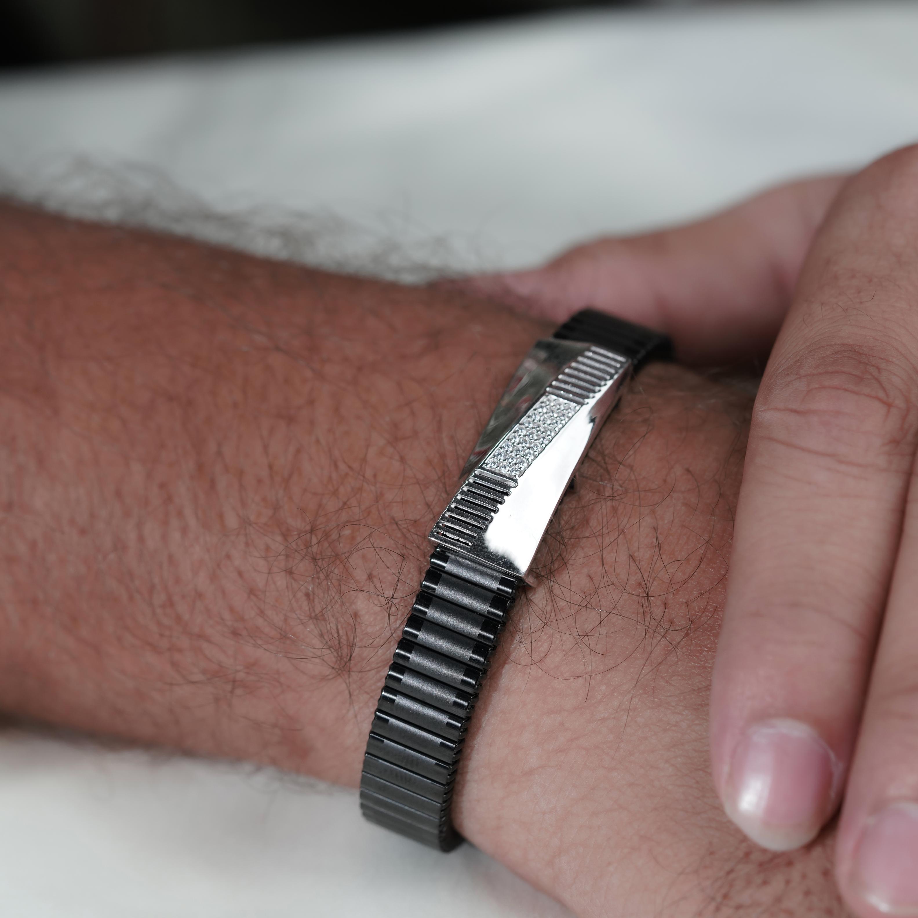 Black Rubber Curved Silver CZ 925 Sterling Silver Bracelet for Men