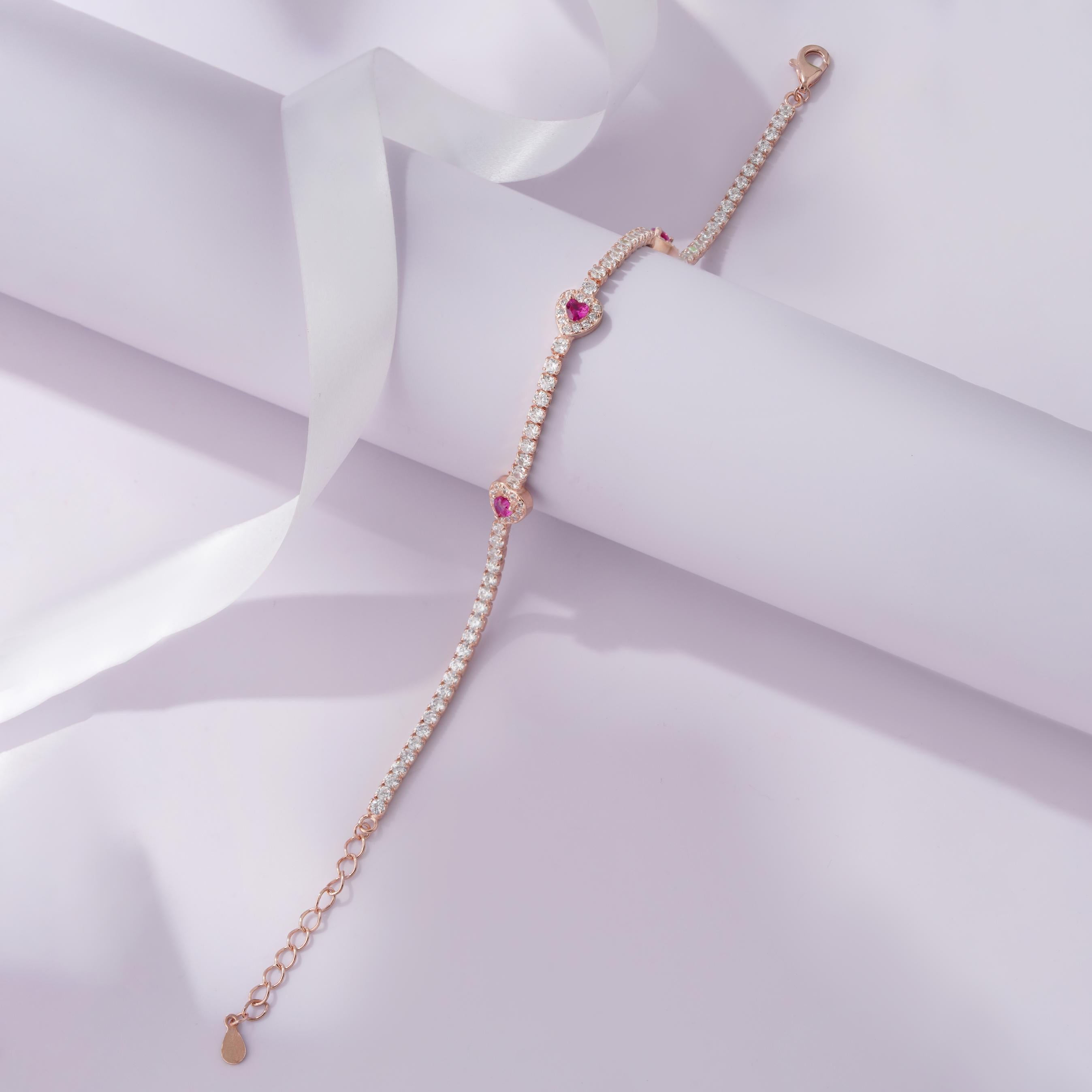 Diamond Pink Heart Design Line 925 Sterling Silver Rose Gold Bracelet for Women