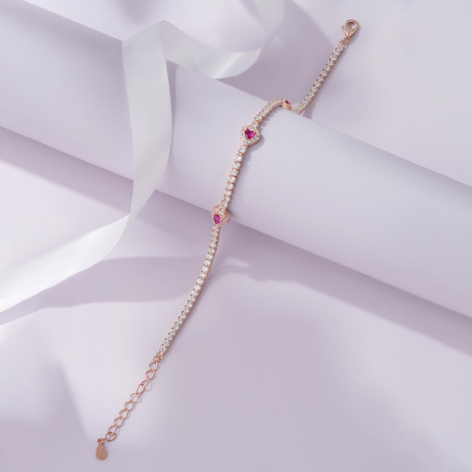 Diamond Pink Heart Design Line 925 Sterling Silver Rose Gold Bracelet for Women
