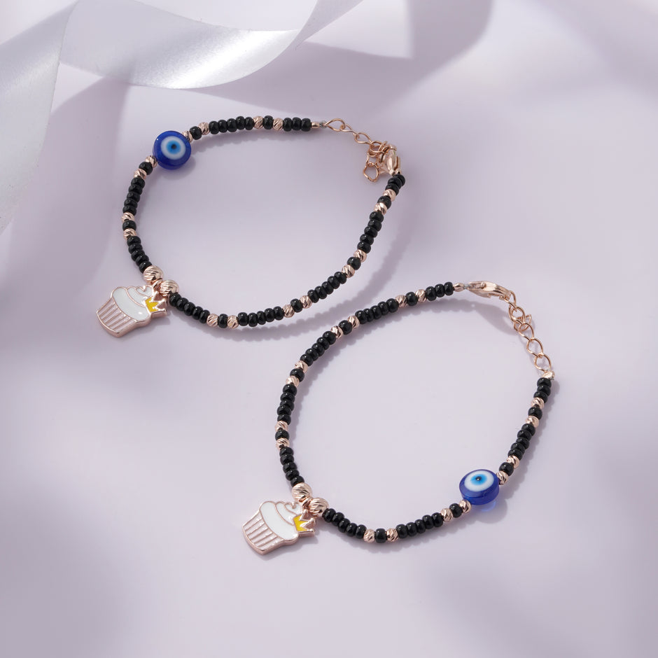 Crowned Cupcake Evil Eye Beaded 925 Sterling Silver Rose Gold Kid's Bracelet