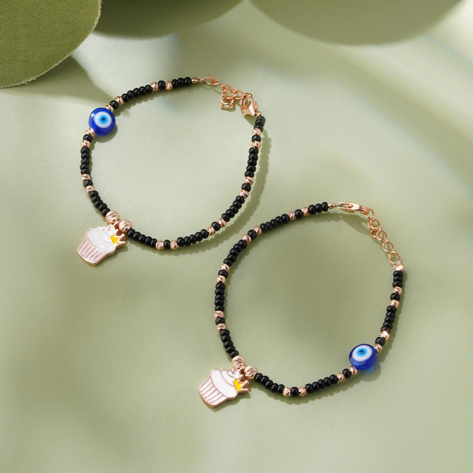 Crowned Cupcake Evil Eye Beaded 925 Sterling Silver Rose Gold Kid's Bracelet