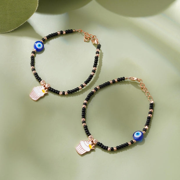 Crowned Cupcake Evil Eye Beaded 925 Sterling Silver Rose Gold Kid's Bracelet