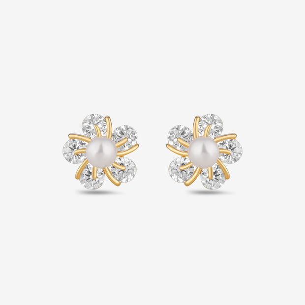 Pearl Bloom Diamond Flower Design Yellow Gold 925 Sterling Silver Stud Earrings for Women