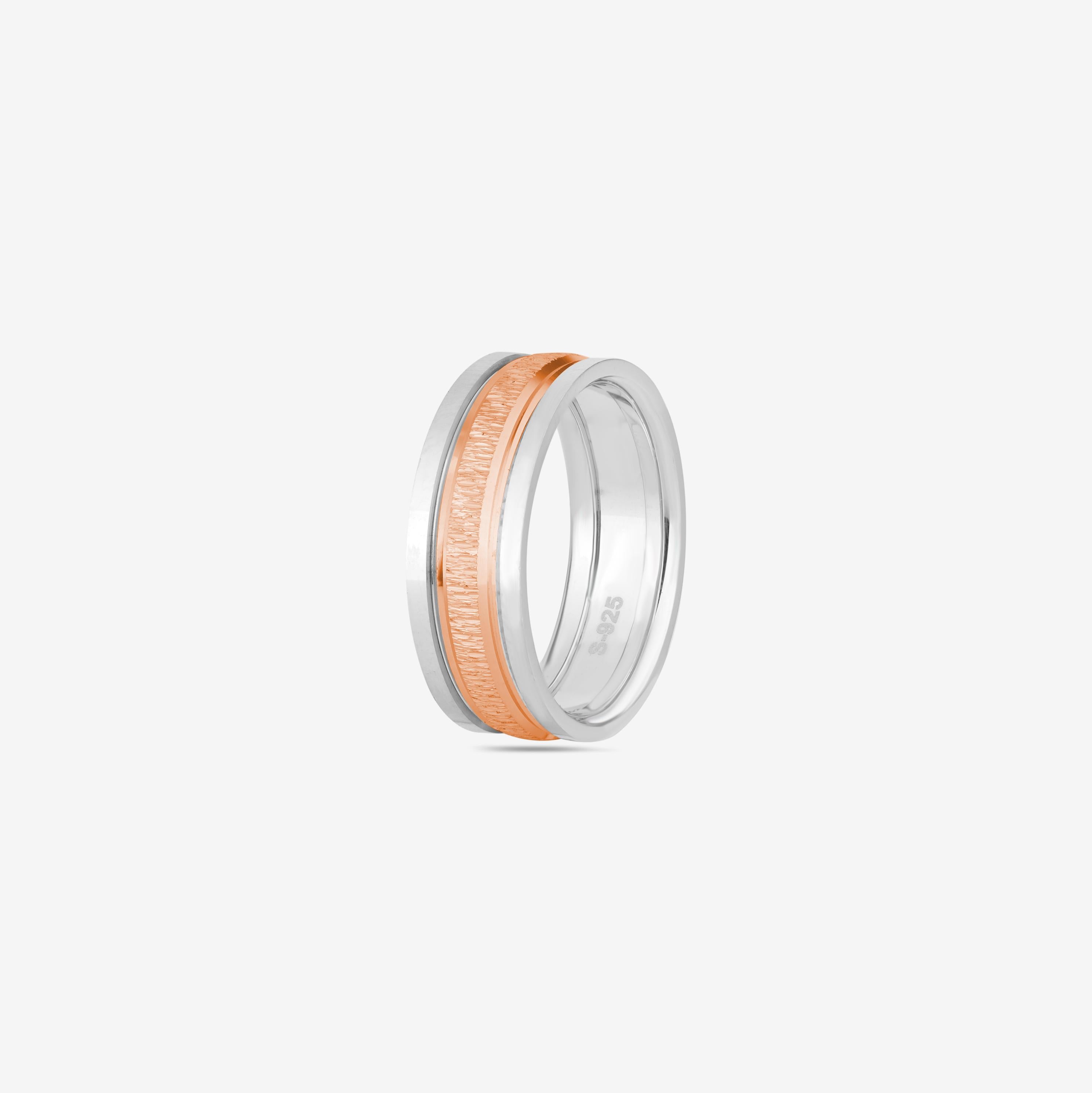Classic Modern Two Tone Accent 925 Sterling Silver Rose Gold Couple Band for Men