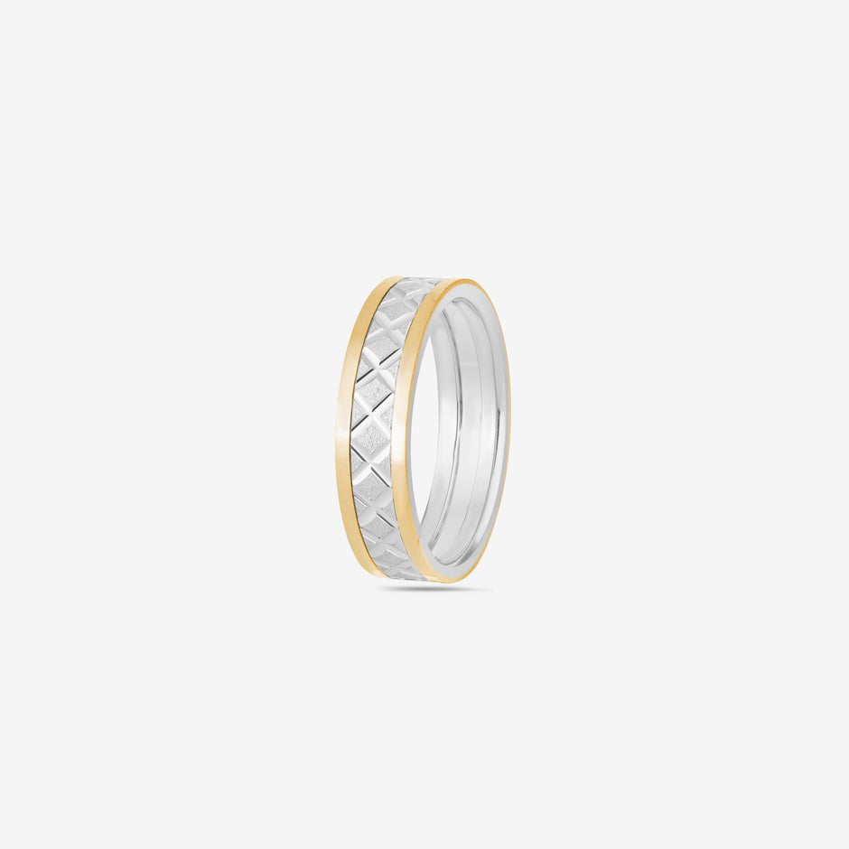 Geometric Dual-Tone Diamond Pattern 925 Sterling Silver Yellow Gold Couple Band for Women