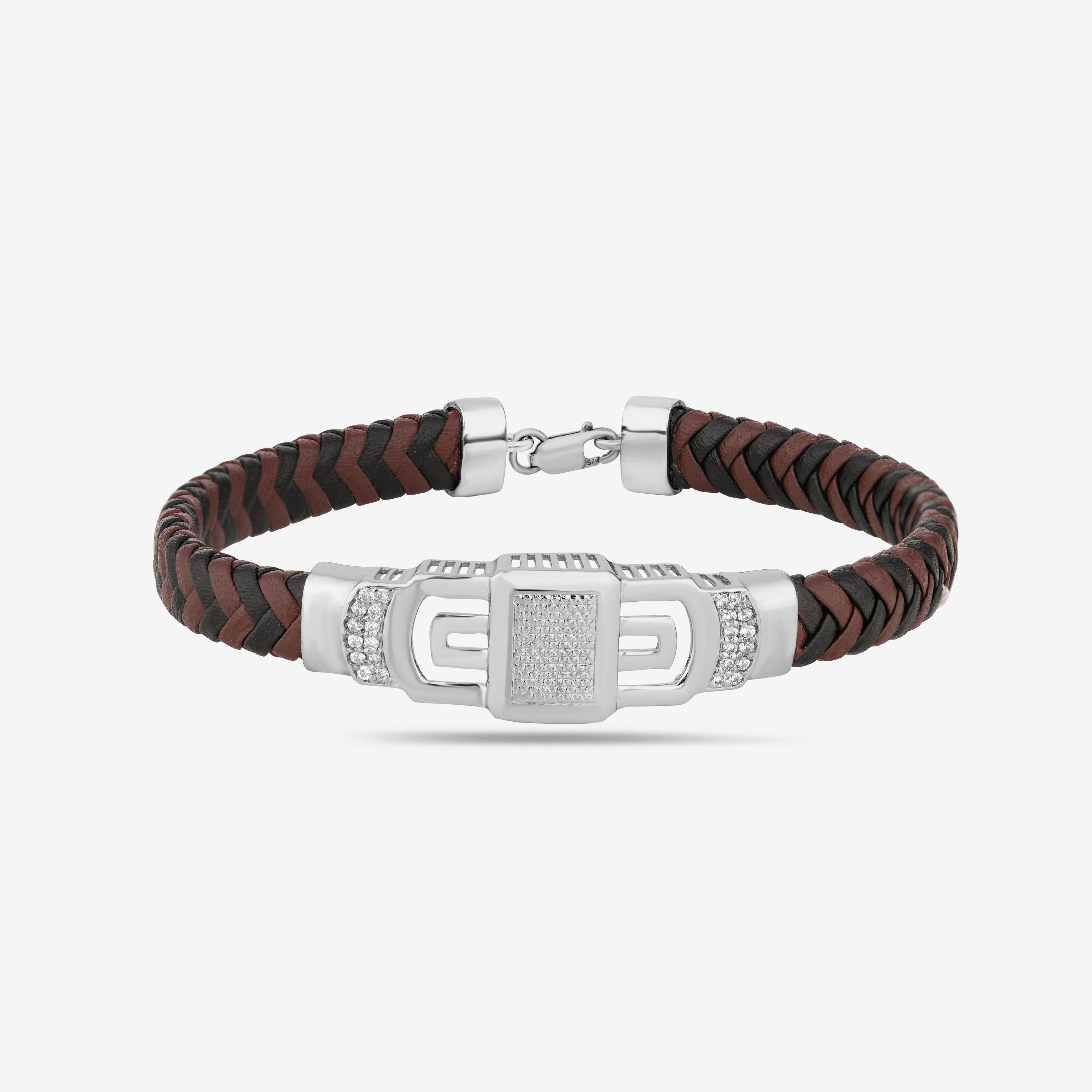 Dual Tone Diamond 925 Sterling Silver Leather Bracelet for Men
