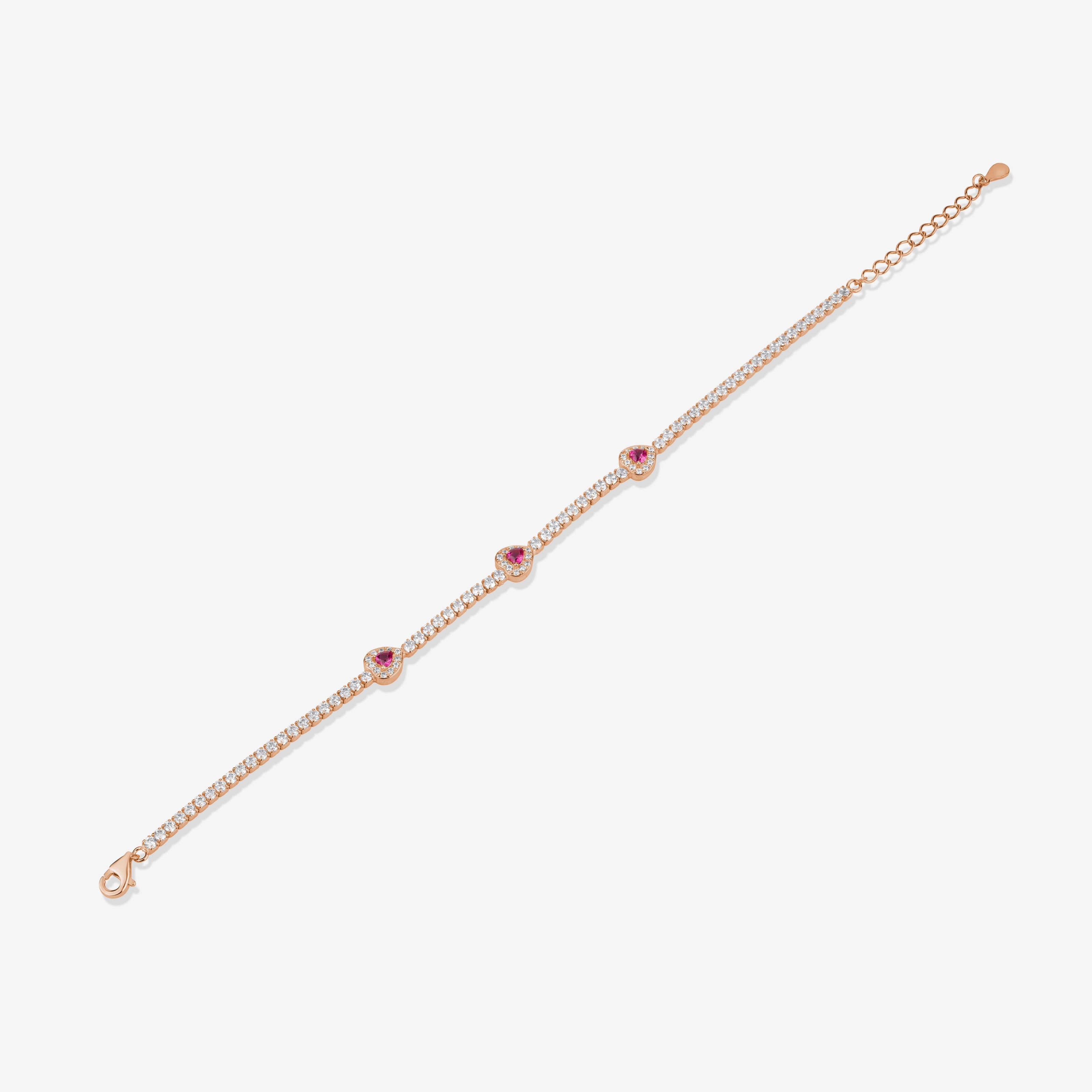Diamond Pink Heart Design Line 925 Sterling Silver Rose Gold Bracelet for Women