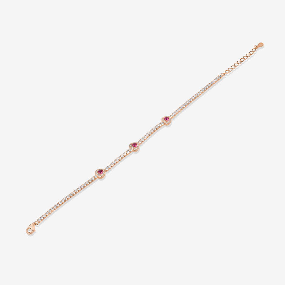 Diamond Pink Heart Design Line 925 Sterling Silver Rose Gold Bracelet for Women