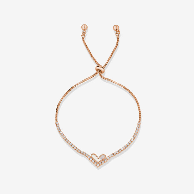 Heart Design White Stone 925 Sterling Silver Rose Gold Adjustable Bracelet for Women
