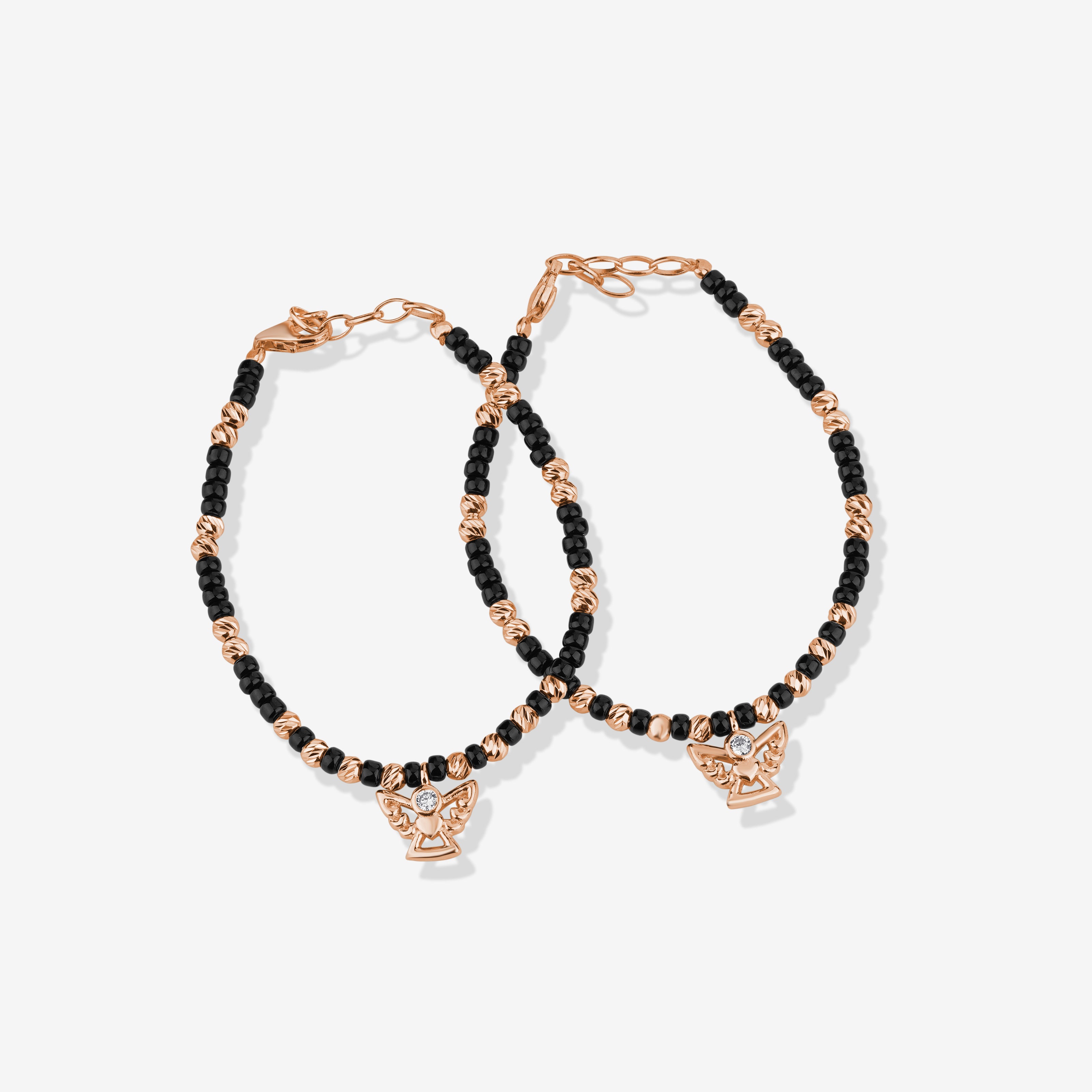 Angel Charm Black Bead 925 Sterling Silver Rose Gold Kid's Bracelet