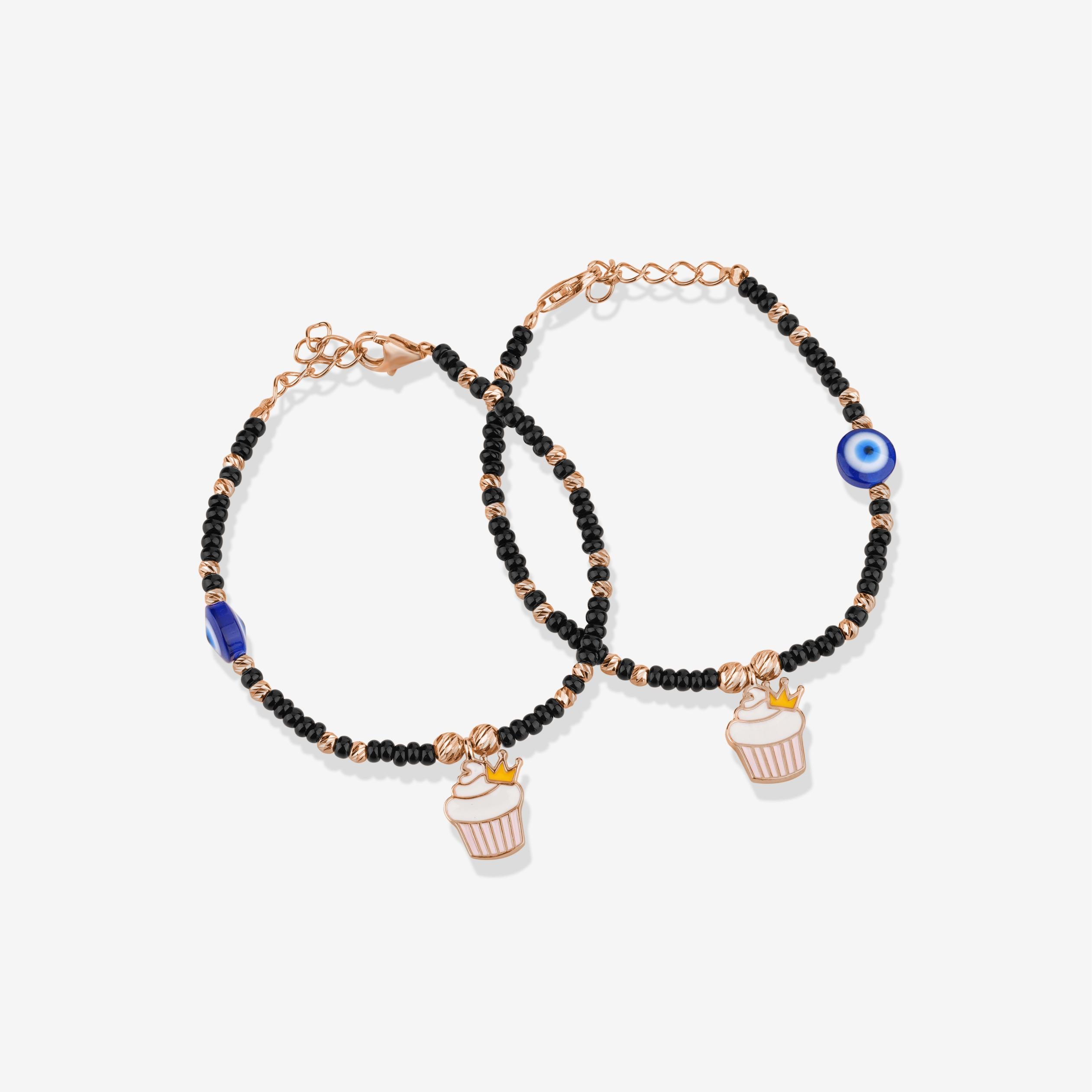 Crowned Cupcake Evil Eye Beaded 925 Sterling Silver Rose Gold Kid's Bracelet