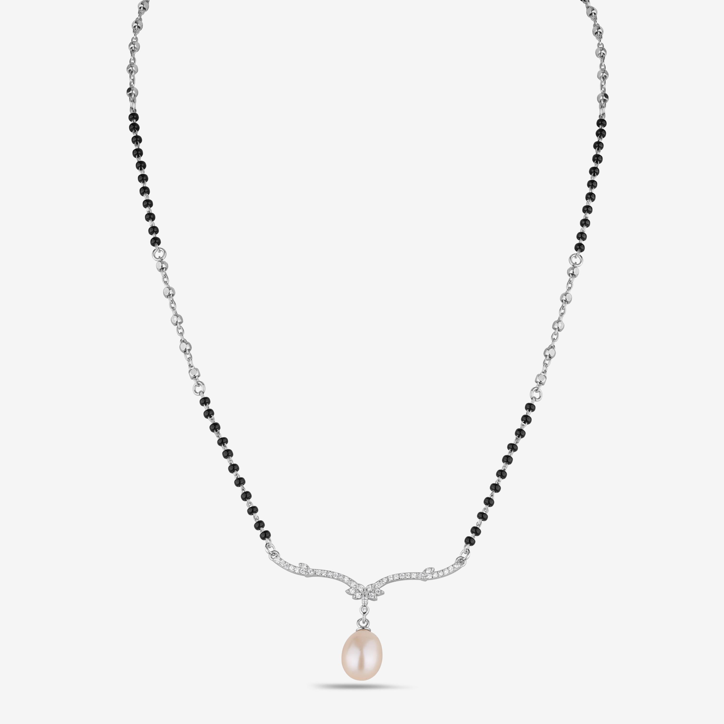 Minimal Black Bead Chain with Pearl Drop 925 Sterling Silver Mangalsutra for Women