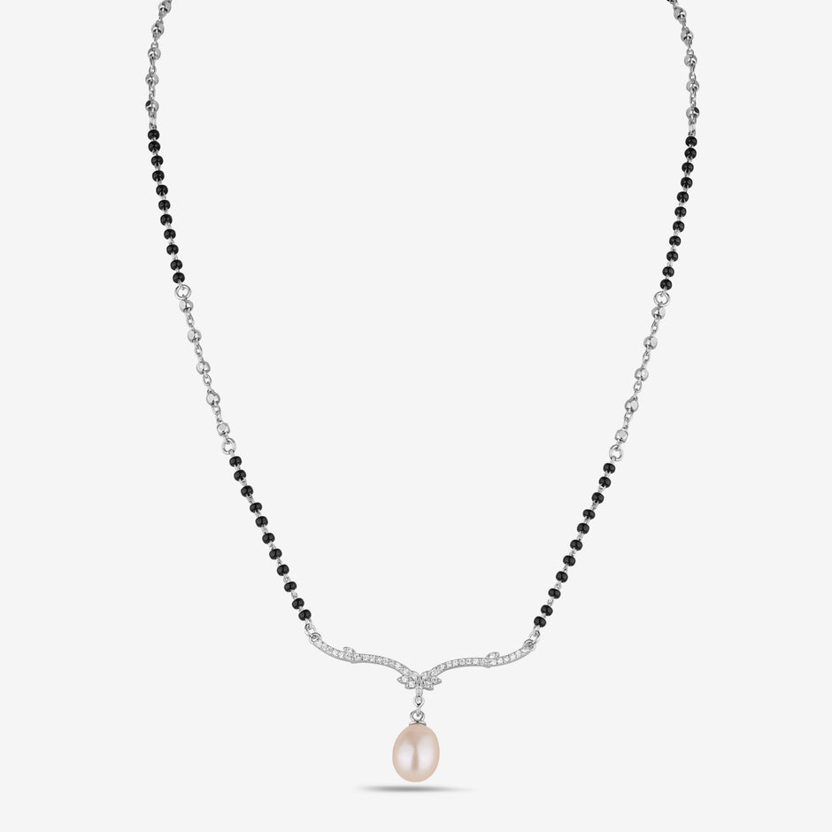 Minimal Black Bead Chain with Pearl Drop 925 Sterling Silver Mangalsutra for Women