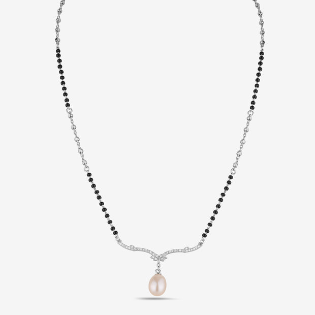 Minimal Black Bead Chain with Pearl Drop 925 Sterling Silver Mangalsutra for Women