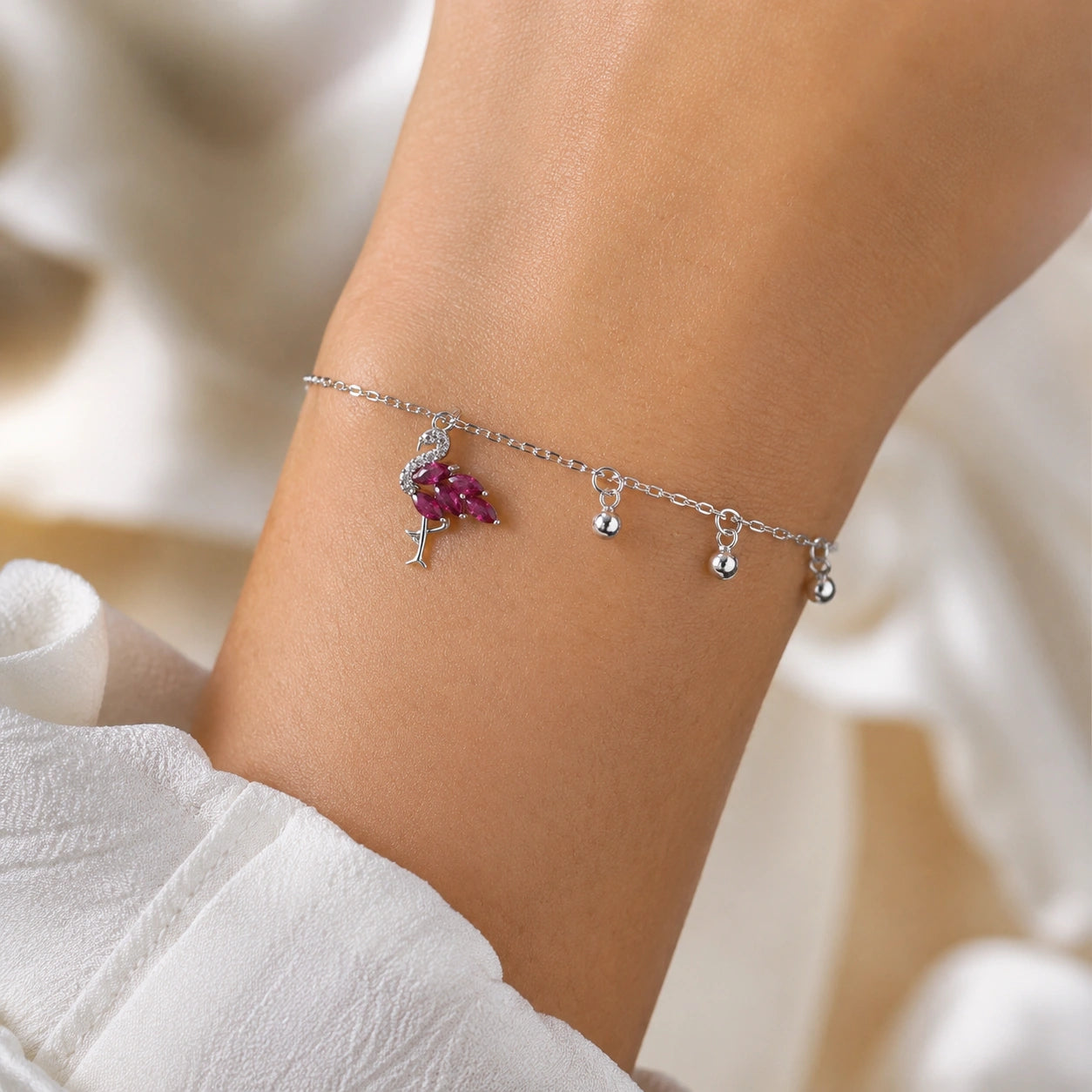 Dark Pink Flamingo Charm 925 Sterling Silver Bracelet for Women