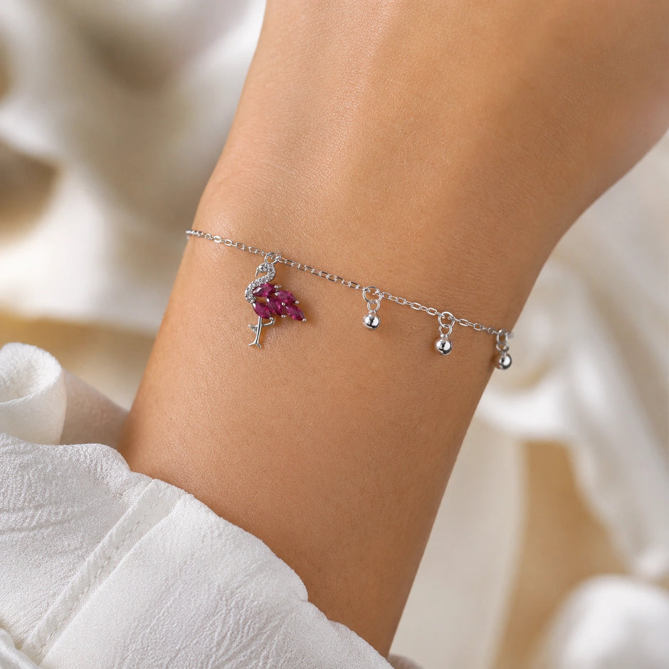 Dark Pink Flamingo Charm 925 Sterling Silver Bracelet for Women