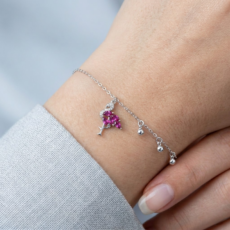 Dark Pink Flamingo Charm 925 Sterling Silver Bracelet for Women