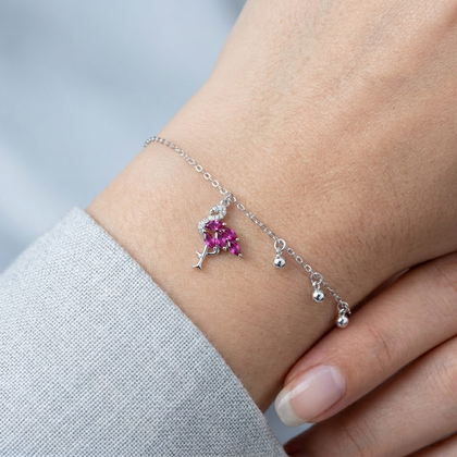 Dark Pink Flamingo Charm 925 Sterling Silver Bracelet for Women