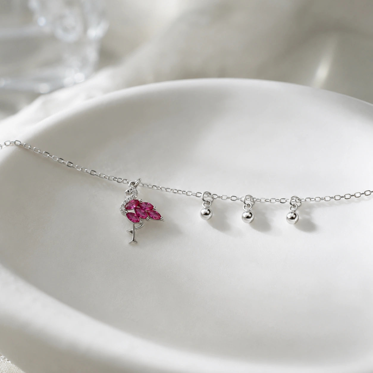 Dark Pink Flamingo Charm 925 Sterling Silver Bracelet for Women