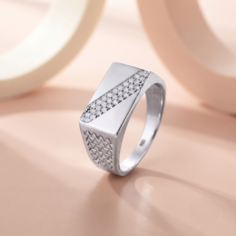 Diagonal Pave CZ 925 Sterling Silver Men’s Geometric Signet Ring