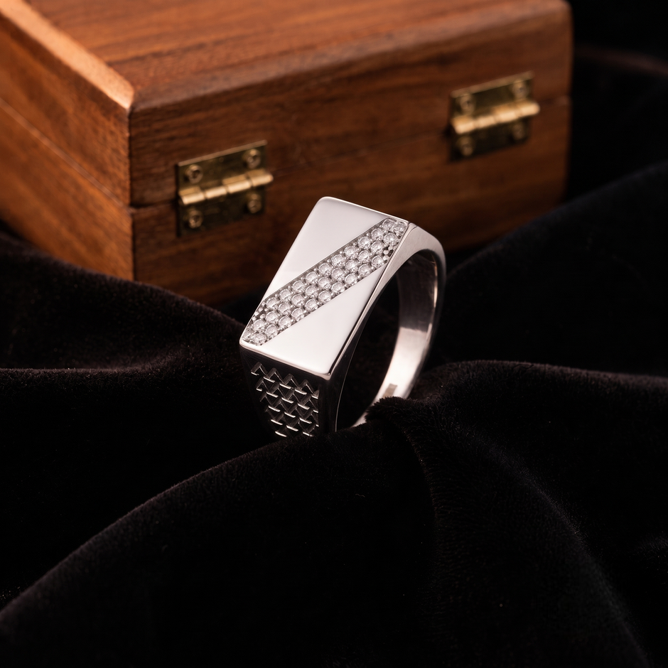 Diagonal Pave CZ 925 Sterling Silver Men’s Geometric Signet Ring