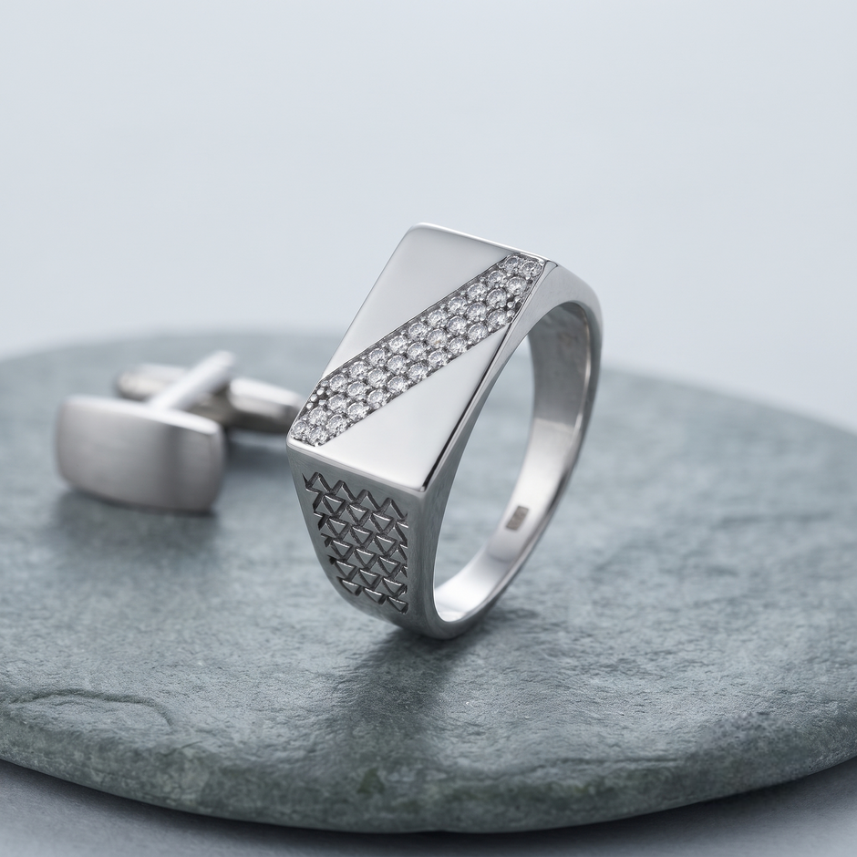 Diagonal Pave CZ 925 Sterling Silver Men’s Geometric Signet Ring