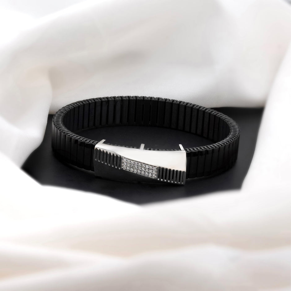 Black Rubber Curved Silver CZ 925 Sterling Silver Bracelet for Men
