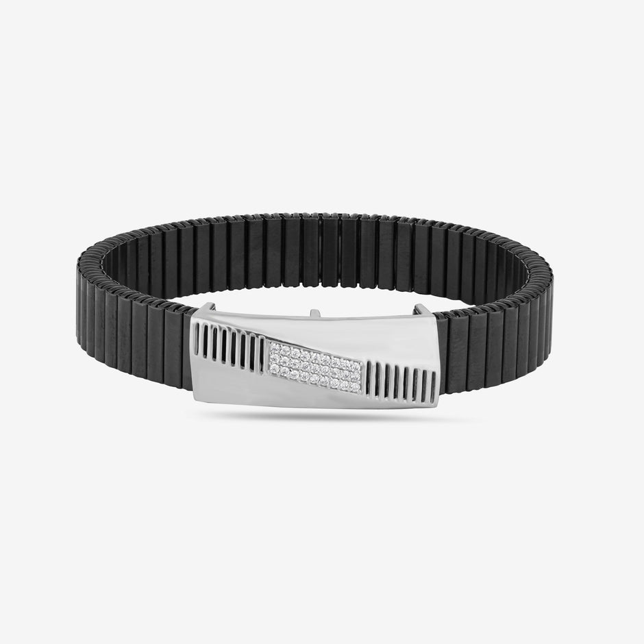 Black Rubber Curved Silver CZ 925 Sterling Silver Bracelet for Men