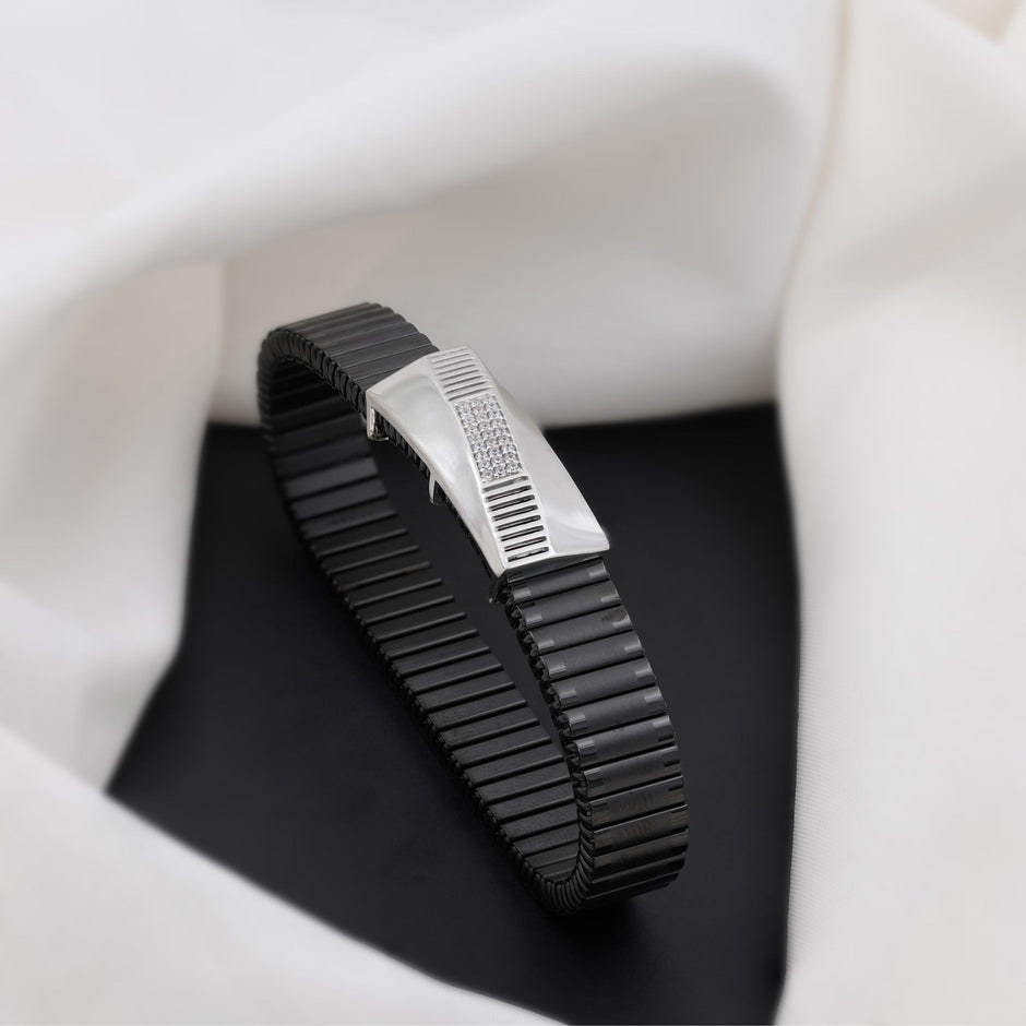 Black Rubber Curved Silver CZ 925 Sterling Silver Bracelet for Men