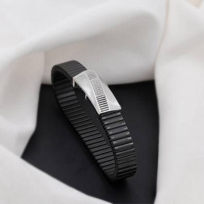 Black Rubber Curved Silver CZ 925 Sterling Silver Bracelet for Men