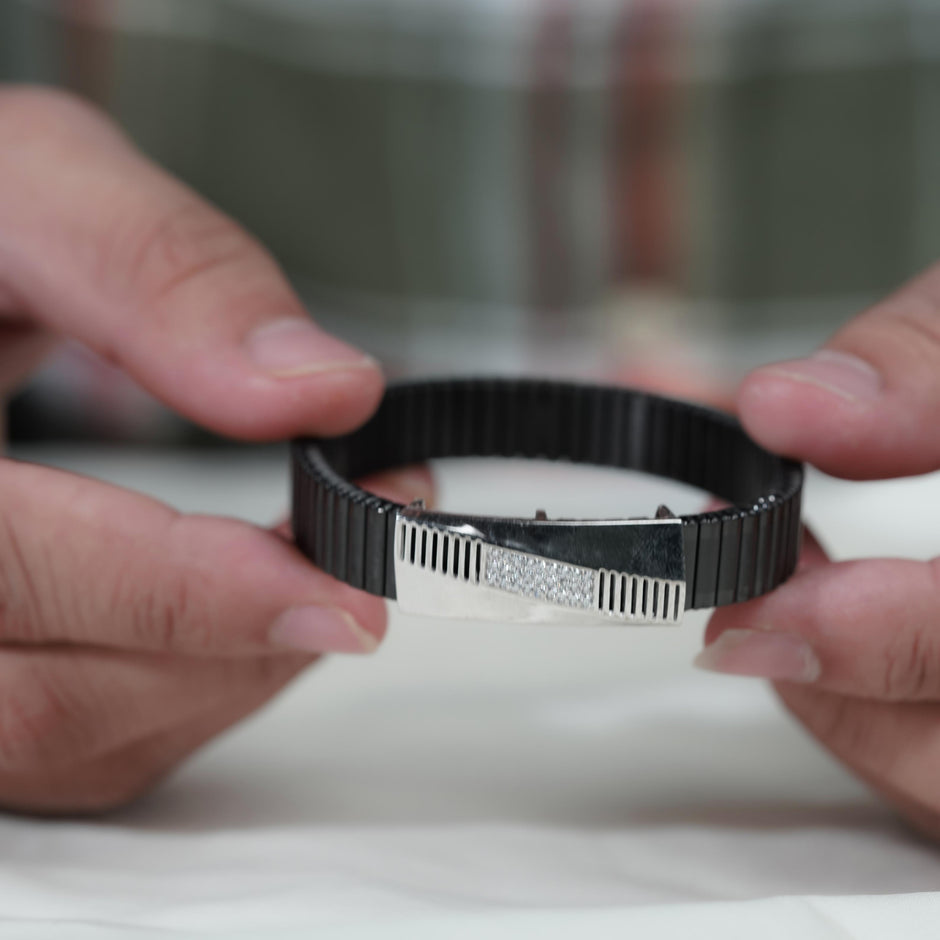 Black Rubber Curved Silver CZ 925 Sterling Silver Bracelet for Men