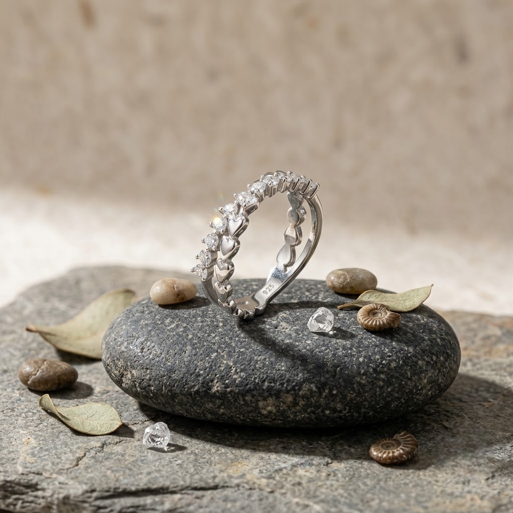 25 Sterling Silver Floral Heart Eternity Ring with Clear Cubic Zirconia Stones on a Black Slate Display.