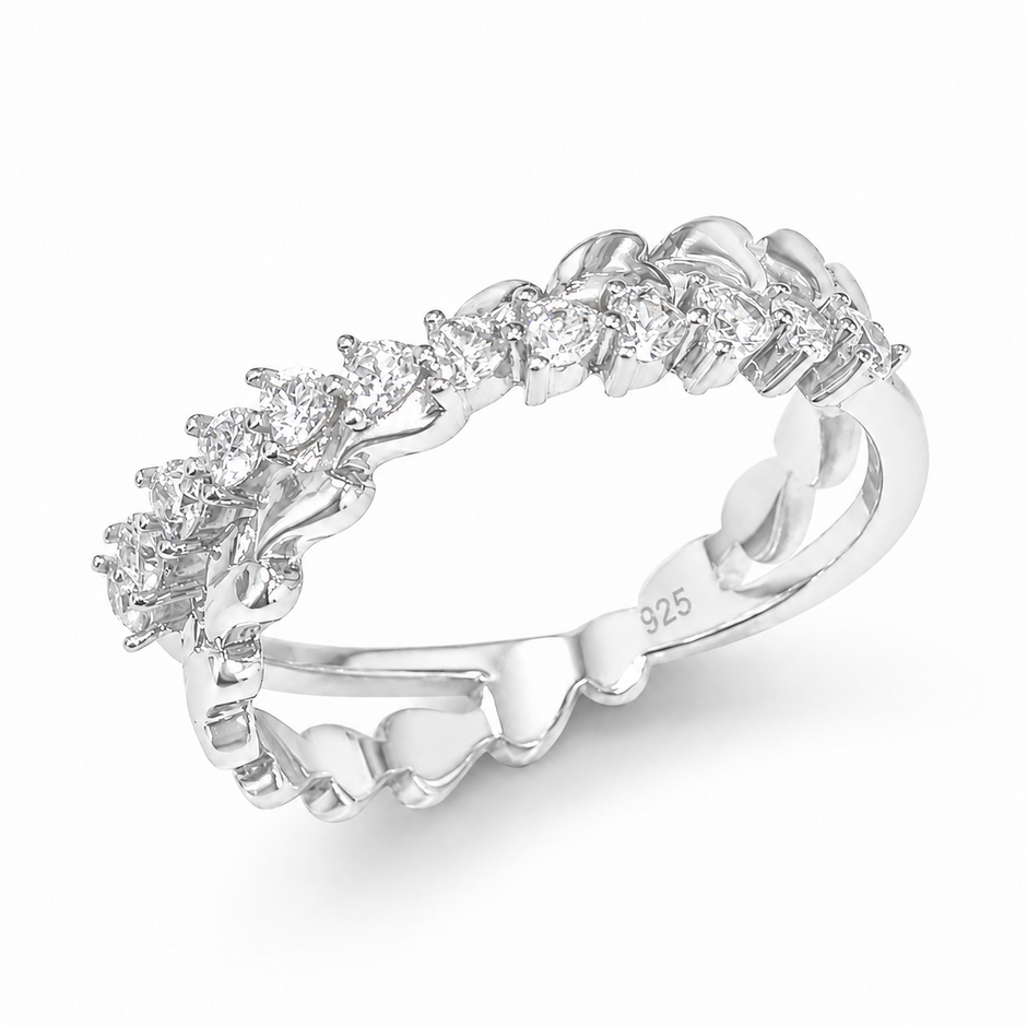 25 Sterling Silver Floral Heart Eternity Ring with Clear Cubic Zirconia Stones on a Black Slate Display.