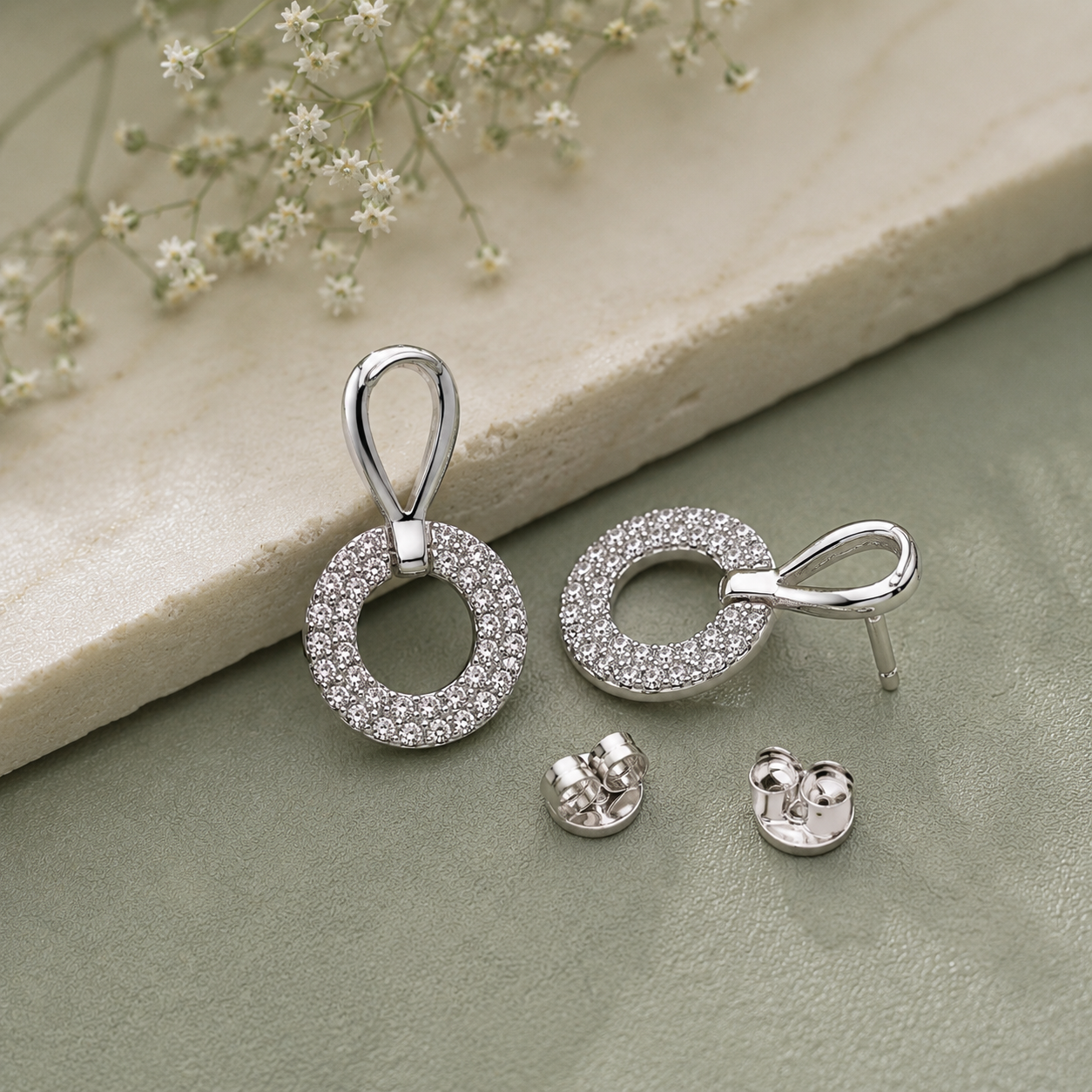 Geometric Open Square CZ Diamond 925 Sterling Silver Stud Earrings for Women