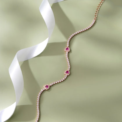 Diamond Pink Heart Design Line 925 Sterling Silver Rose Gold Bracelet for Women
