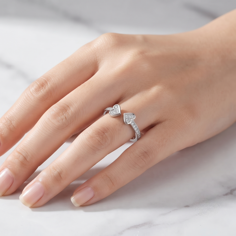 925 Sterling Silver Double Heart Open CZ Ring