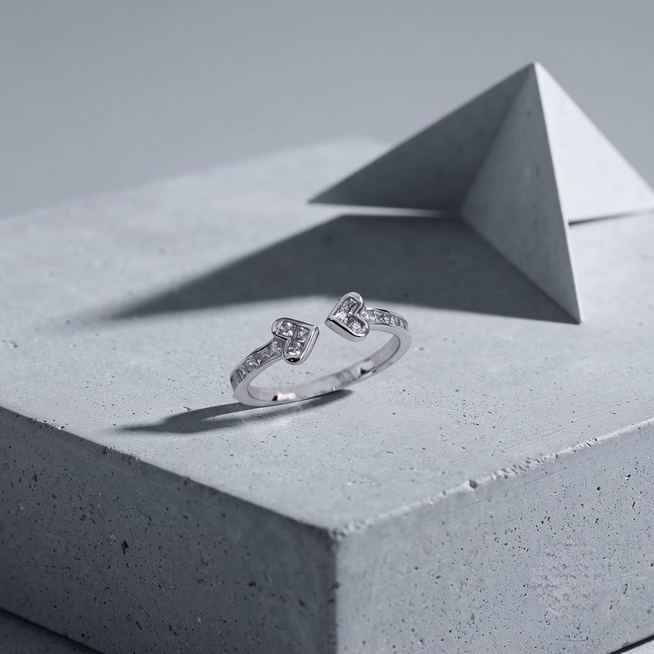 925 Sterling Silver Double Heart Open CZ Ring