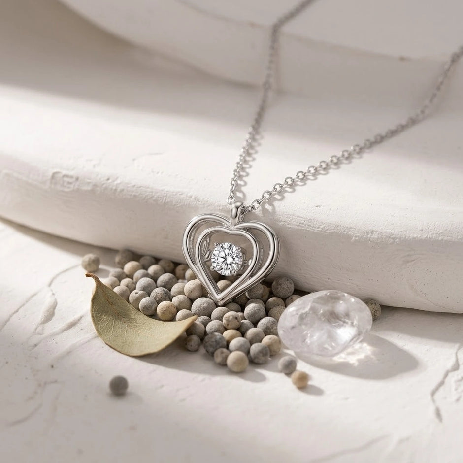 Double Heart Diamond 925 Sterling Silver Pendant Chain for Women