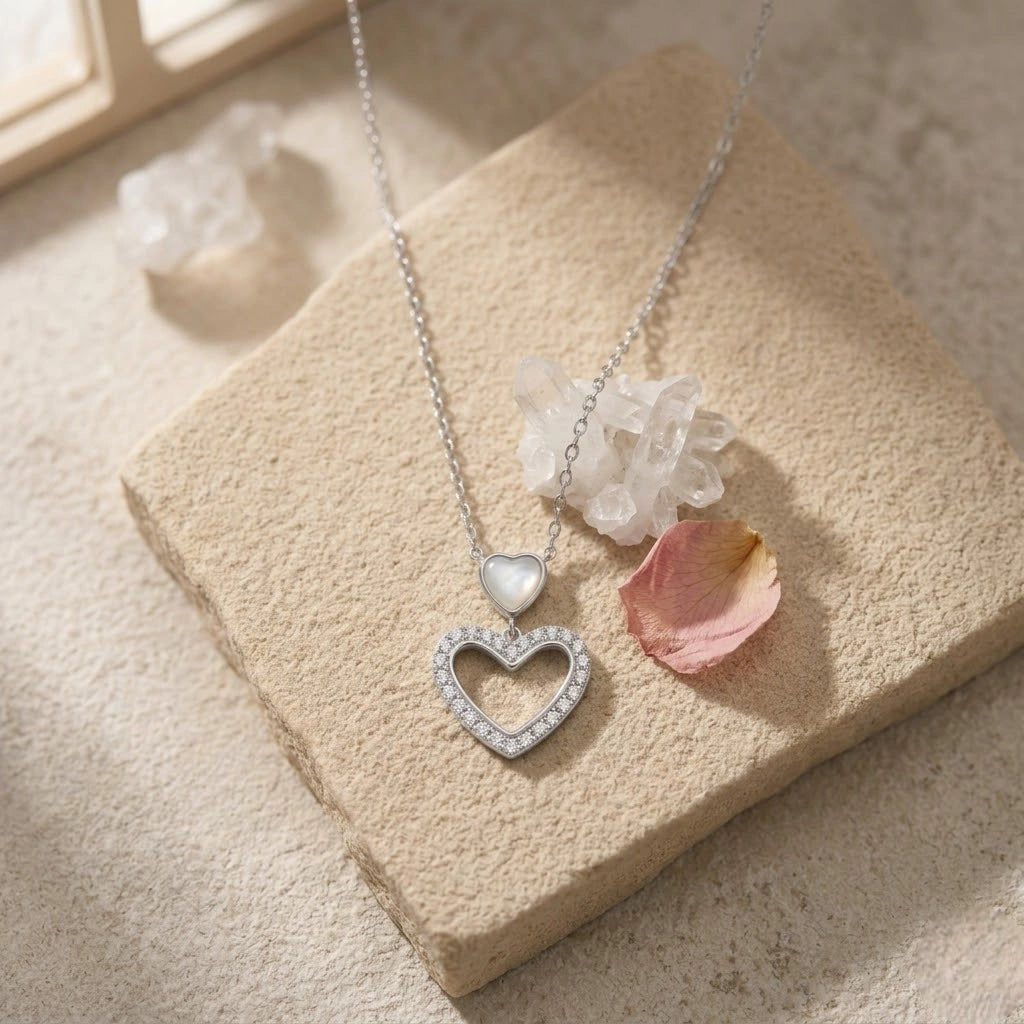 Double Heart Diamond 925 Sterling Silver Pendant Chain for Women