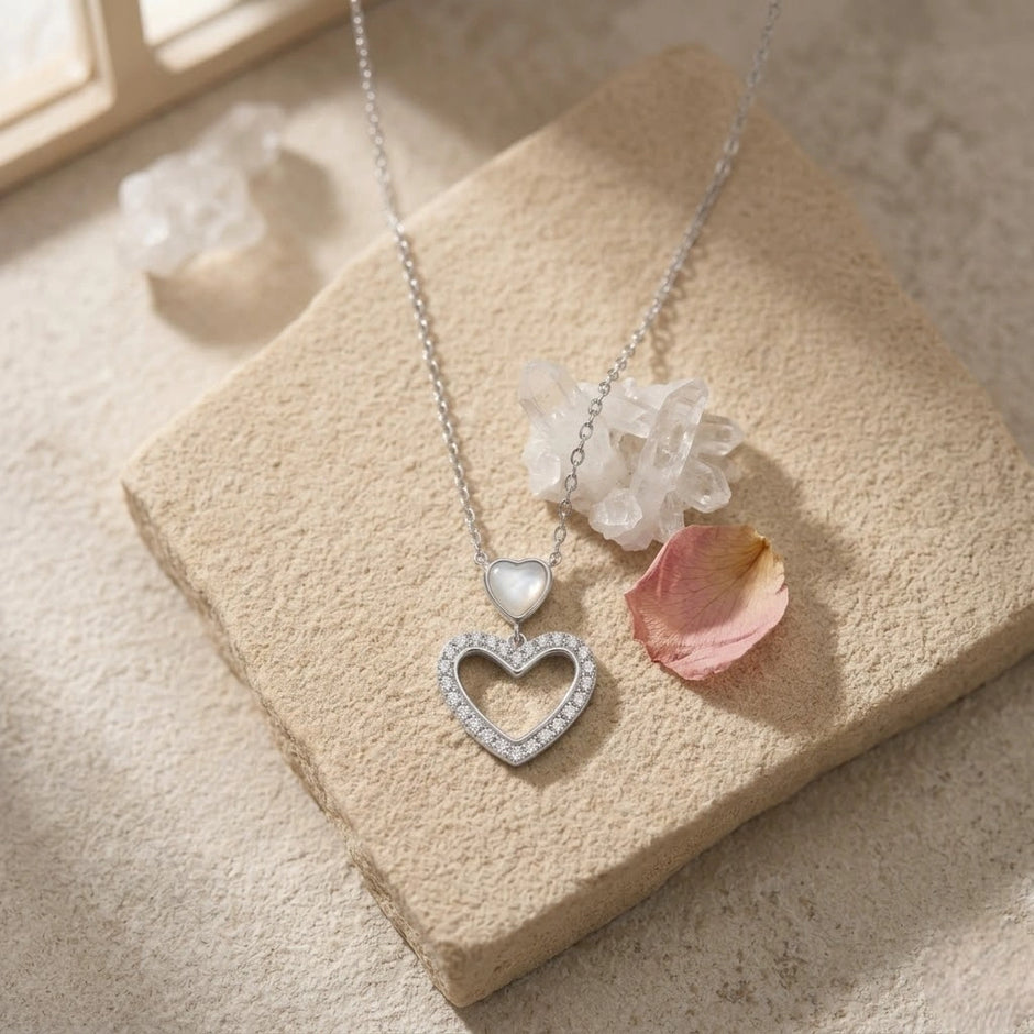 Double Heart Diamond 925 Sterling Silver Pendant Chain for Women