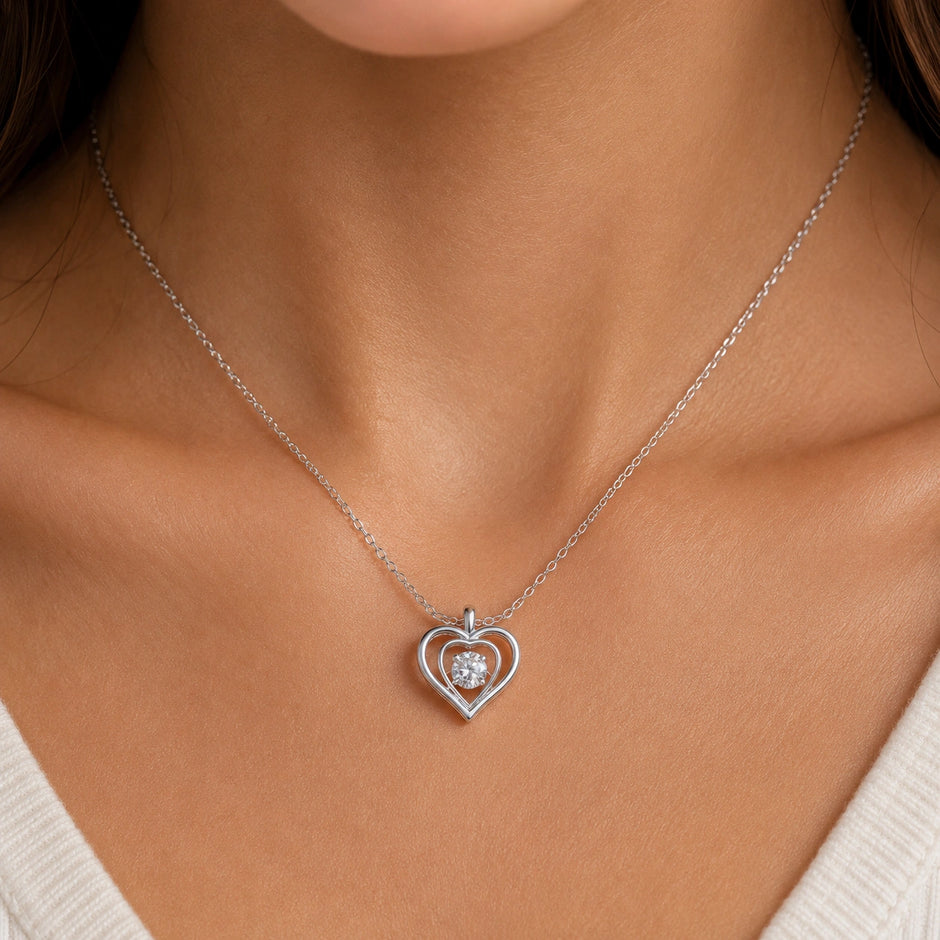 Double Heart Diamond 925 Sterling Silver Pendant Chain for Women
