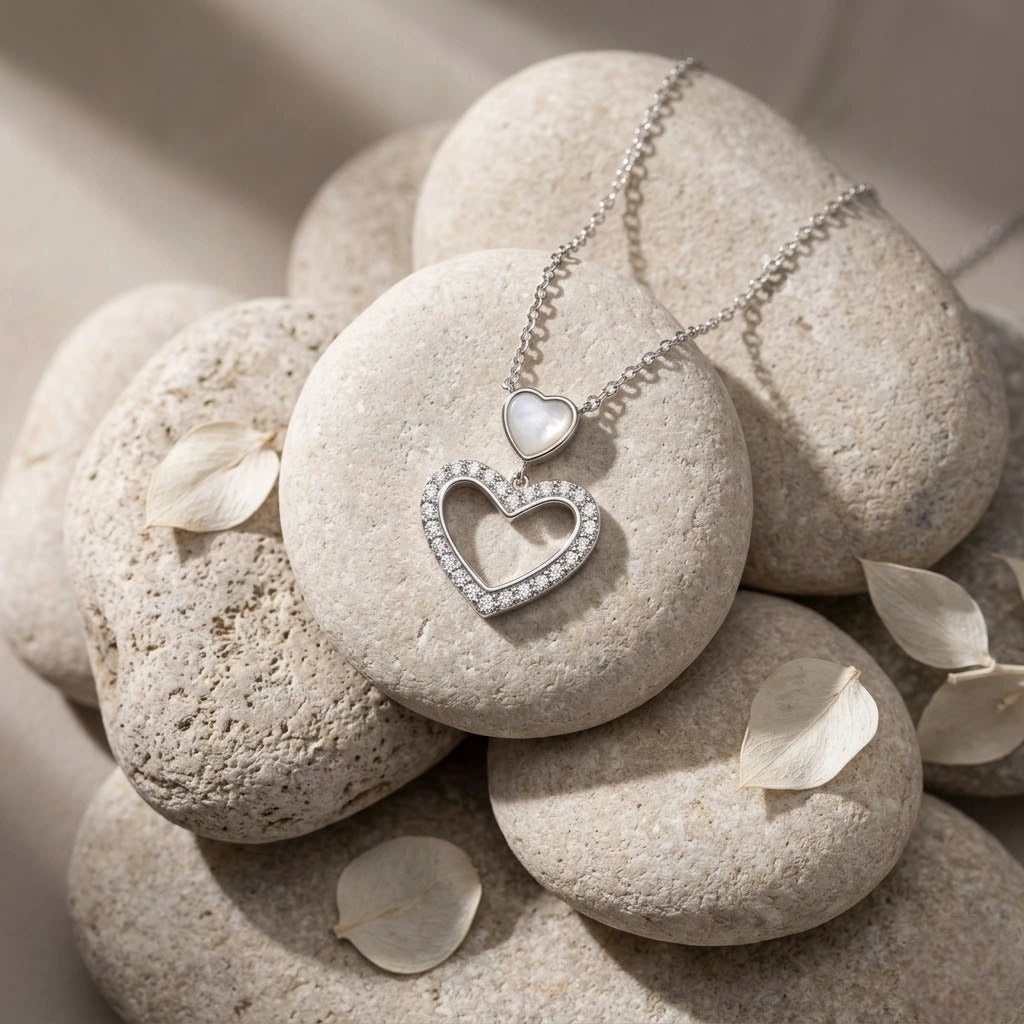 Double Heart Diamond 925 Sterling Silver Pendant Chain for Women