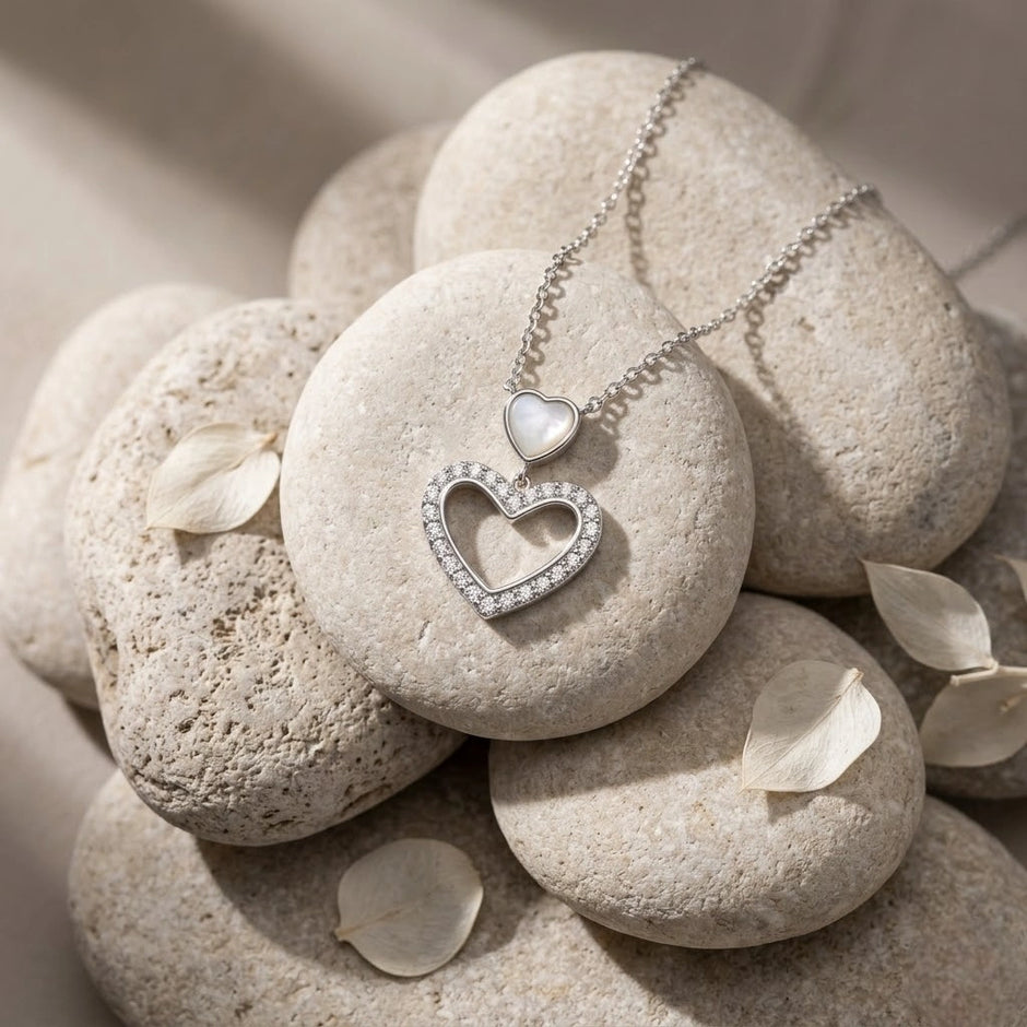 Double Heart Diamond 925 Sterling Silver Pendant Chain for Women